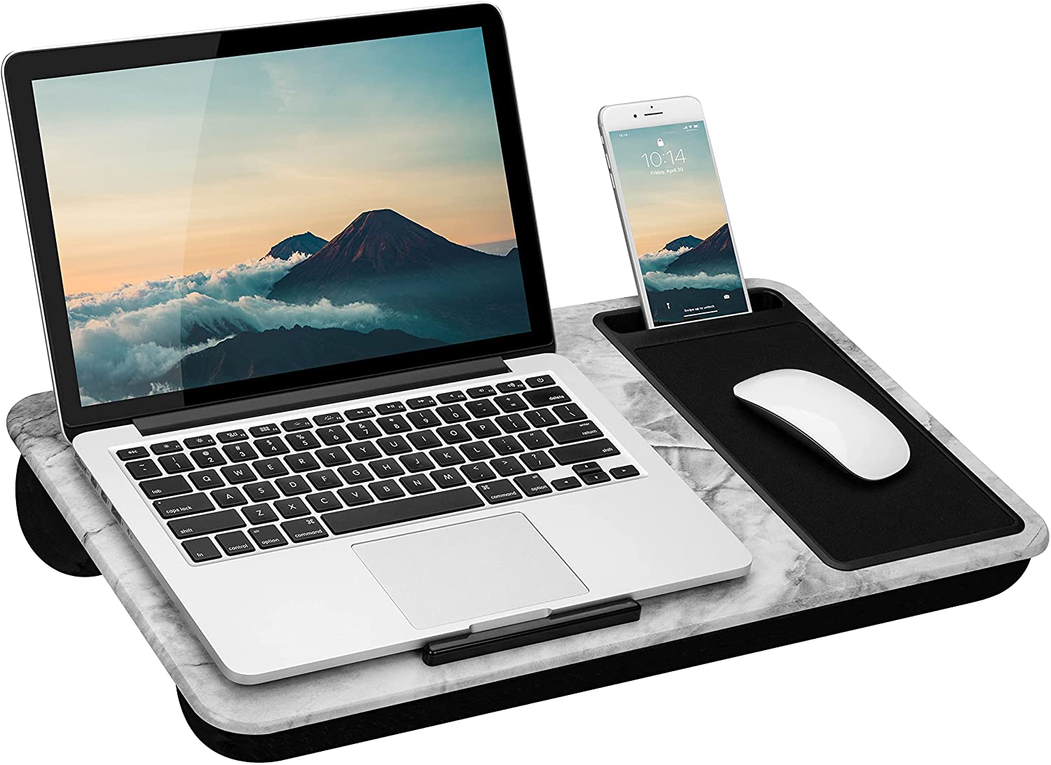 LapGear Home Office Lap Desk with Device Ledge, Mouse Pad, and Phone Holder - White Marble - Fits Up To 15.6 Inch Laptops