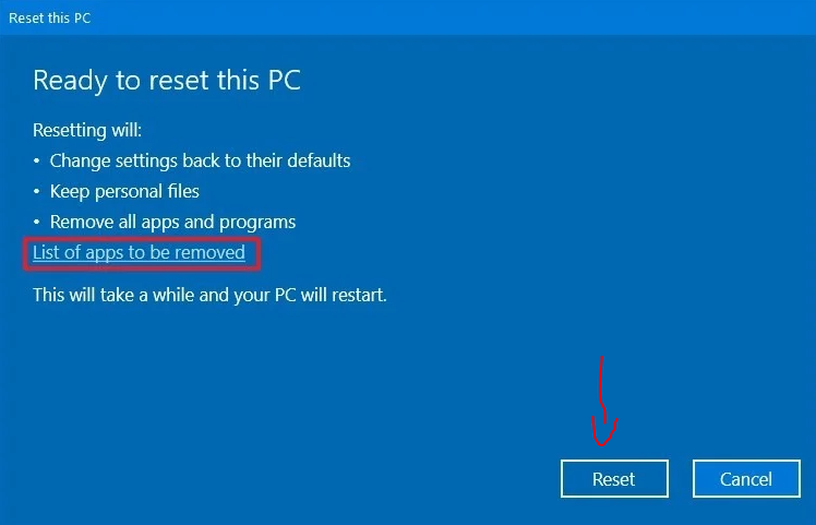 Click reset then your Acer laptop will restart